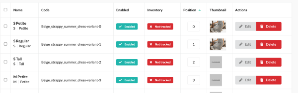 A table of product variants. The column Thumbnail now has both image of product or a placeholder.