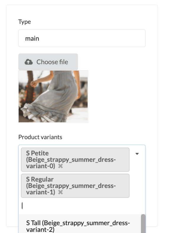 A form to edit a media item. A field called Product variants allows for selecting variants that the item should be associated with.