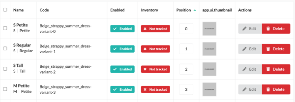 A list of product variants with 7 columns (name, code, enabled, inventory, position, app.ui.thumbnail, actions). The new column app.ui.thumbnail contains placeholder images.