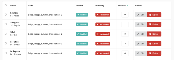 A table with 6 columns (name, code, enabled, inventory, position, actions)