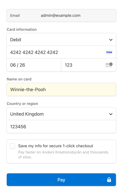 A form for inputting card information, with example data having been inserted. Card-number 4242 4242 4242 4242 with expiration in 2026.