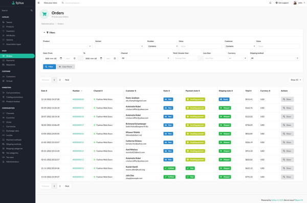 Sylius has a rich interface - here is an overview of orders and their states in a table, and filters